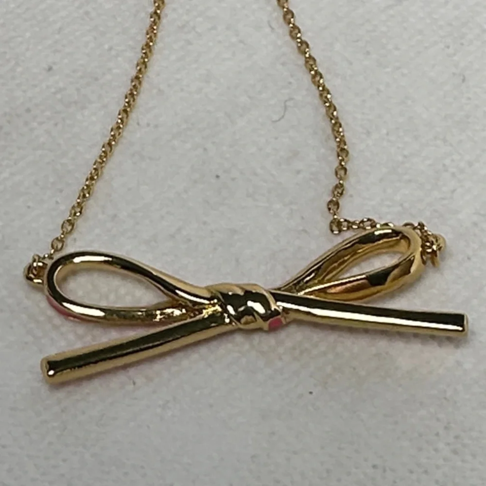 Kate Spade Gold Necklace with Pink Enamel Bow – 28” with 2” Extender